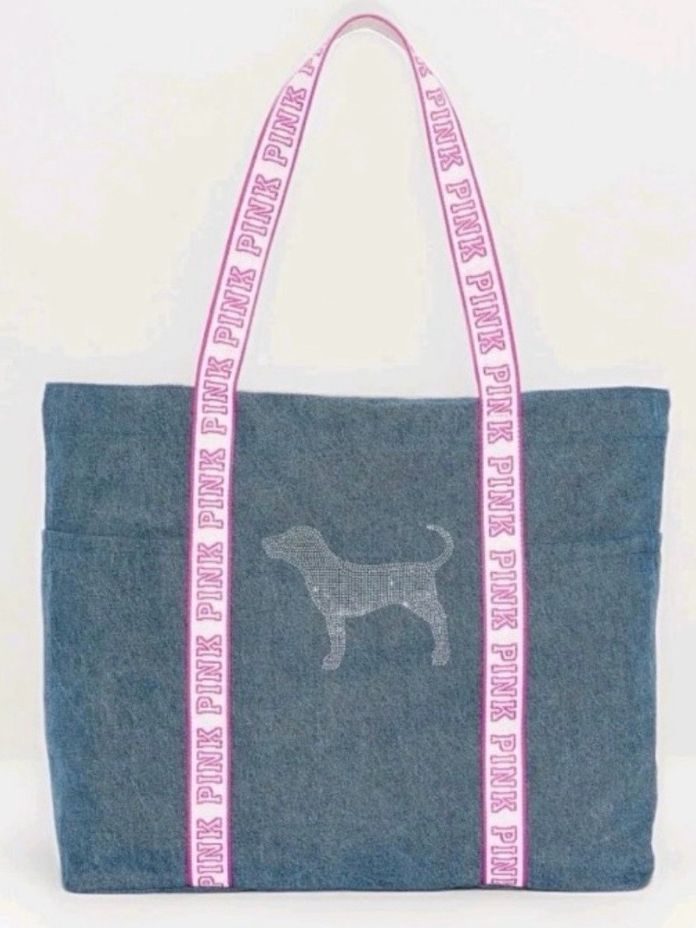 VS PINK Blue Denim Diamanté Bling Sequin Dog Logo Tote Shopper Bag NWT